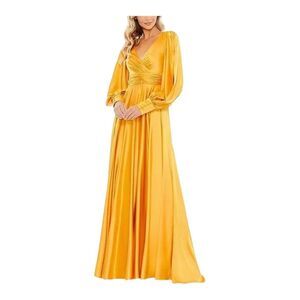 NWT Mac Duggal Maxi Split Bishop Sleeve Flowy Gown Dress Marigold sz 20w $398